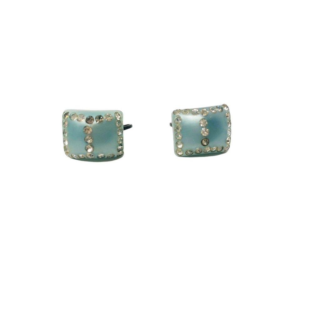 Vintage 1940s Blue Earrings Rhinestone Square Screw Backs